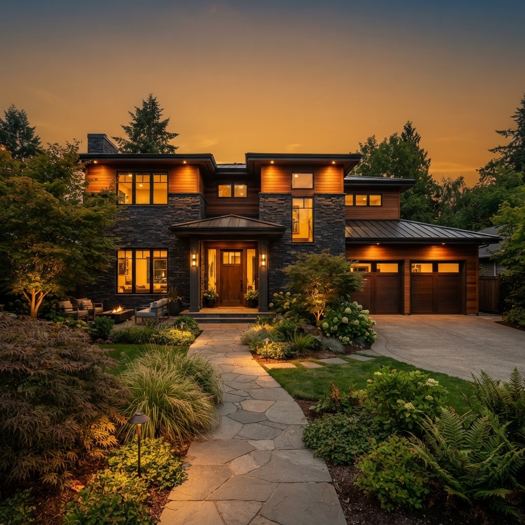 A beautifully renovated modern home glowing at golden hour