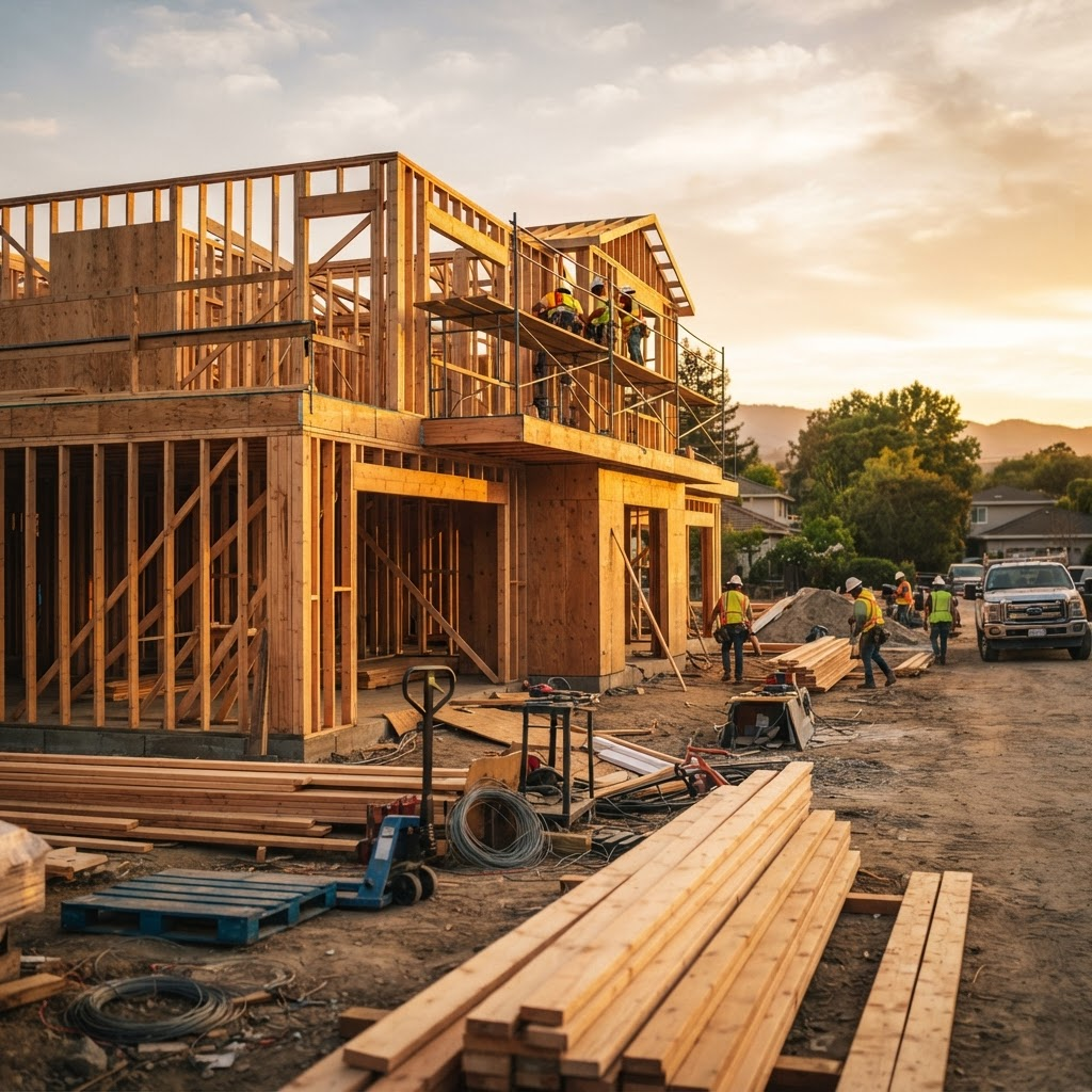 Modern residential home under construction at golden hour