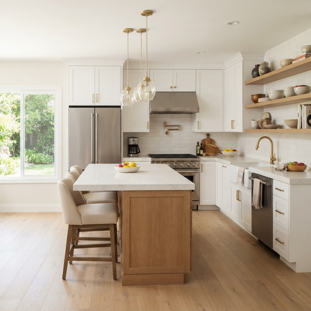 Newly remodeled modern residential kitchen with white cabinets